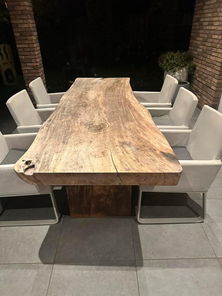 Unieke Boomstam Tafel met 6 SUNS tuinstoelen, Tuin en Terras, Tuinstoelen, Gebruikt, Hout, Ophalen