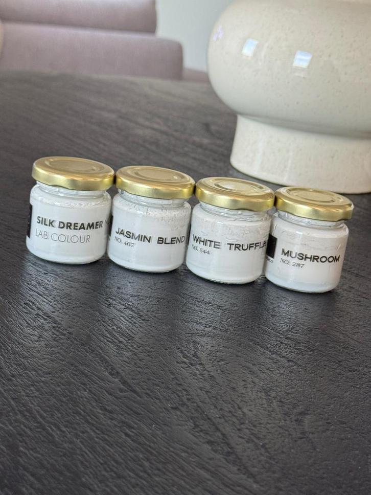 LAB paint 4 sample verfpotjes, Doe-het-zelf en Verbouw, Verf, Beits en Lak, Gebruikt, Verf, Minder dan 5 liter, Beige, Ophalen of Verzenden