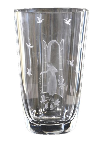 Orrefors vaas  " Vrouw omringd door vogels ", Antiek en Kunst, Antiek | Glas en Kristal, Ophalen of Verzenden