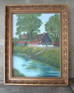 echt olieverf schilderij boerderij op doek in mooie lijst, Ophalen of Verzenden