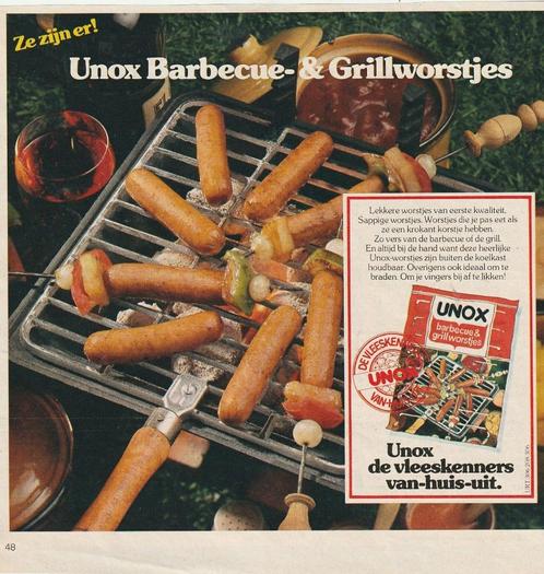 retro reclame 1978 Unox barbecue en grillworstjes, Verzamelen, Retro, Overige typen, Verzenden