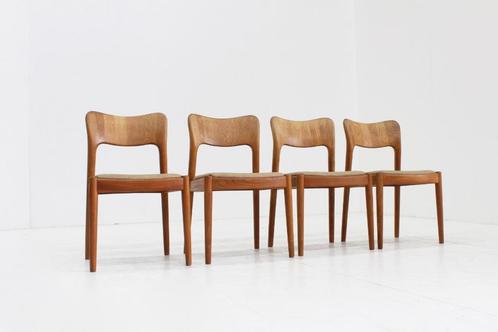 Set Vintage Deense massief teakhouten eetkamerstoelen, Huis en Inrichting, Stoelen, Zo goed als nieuw, Vier, Hout, Stof, Bruin