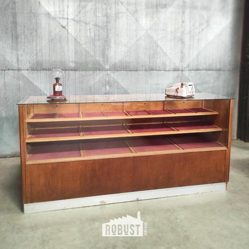 Vintage houten toonbank | Fourniturenkast | Paarse inleggers, Huis en Inrichting, Kasten | Dressoirs, Zo goed als nieuw, 150 tot 200 cm