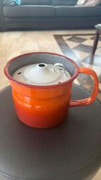 Brocante emaille oud melkkoker gevlamd oranje, Ophalen of Verzenden
