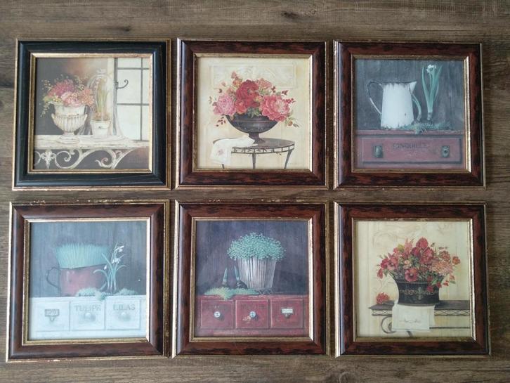 Set van 6 Bloemenprints in Lijst, Huis en Inrichting, Woonaccessoires | Schilderijen, Tekeningen en Foto's, Zo goed als nieuw