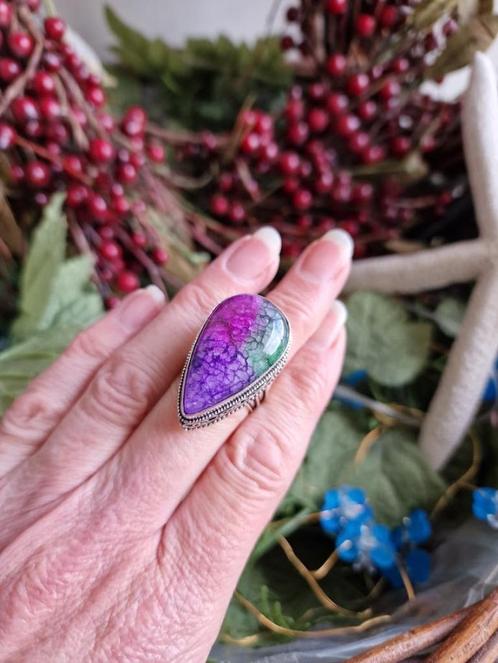 Grote 925 zilveren rainbow solar quartz ring maat 18,5, Sieraden, Tassen en Uiterlijk, Ringen, Nieuw, Dame, 18 tot 19, Zilver