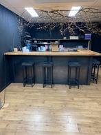 Stalen Bar met Houten Blad & Krukken, Ophalen, Gebruikt, Inclusief barstoelen