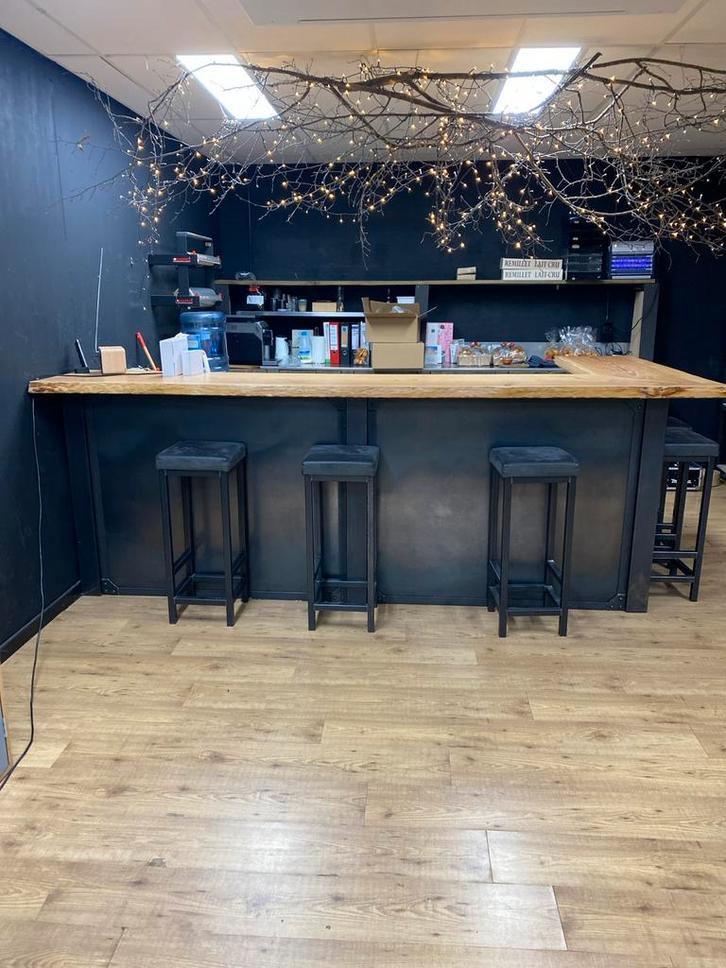 Stalen Bar met Houten Blad & Krukken, Huis en Inrichting, Barren, Gebruikt, Inclusief barstoelen, Ophalen