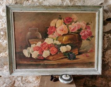 Frans schilderij met vrolijke bloemen brocante staat Miekje'