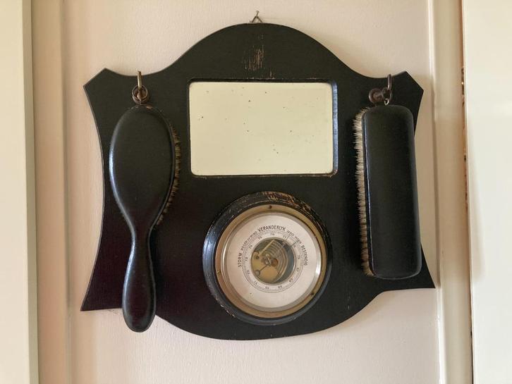 Brocante borstelset met spiegel en barometer, Antiek en Kunst, Curiosa en Brocante, Ophalen of Verzenden