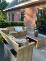 Maatwerk loungebank steigerhout + salontafel & box, Ophalen, Zo goed als nieuw, Steigerhout, Bank