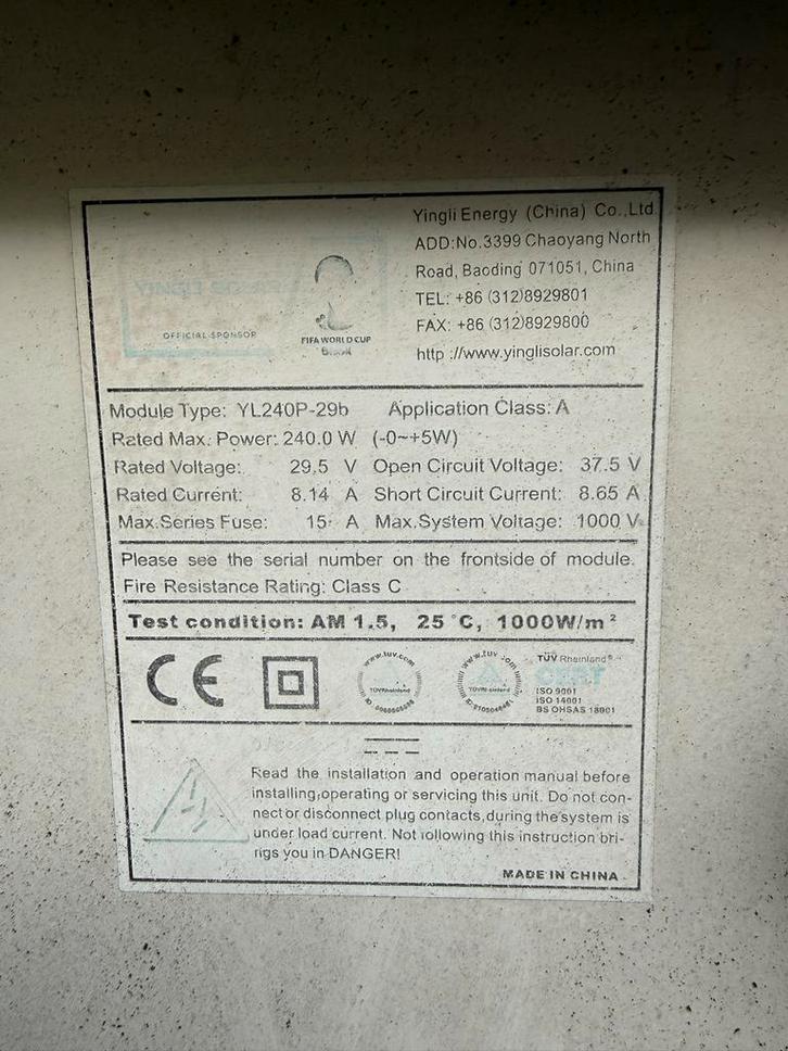 6 Yingli Solar Zonnepanelen YL240P-29b (1440 Wp), Doe-het-zelf en Verbouw, Zonnepanelen en Toebehoren, Gebruikt, Paneel, 200 wattpiek of meer