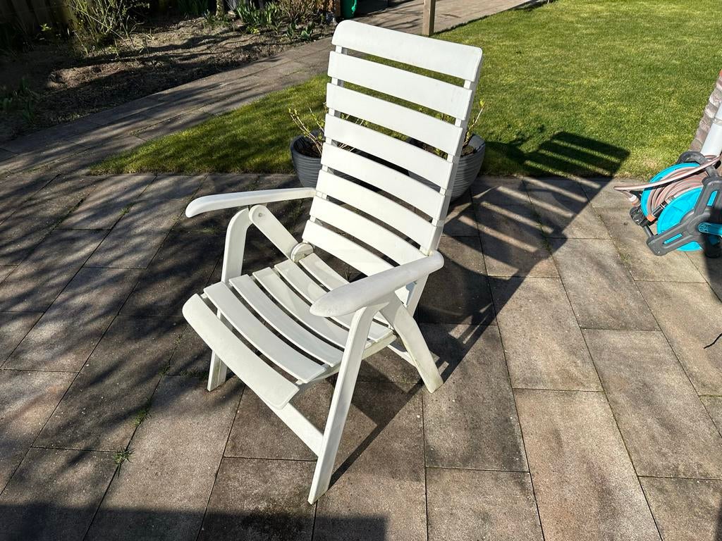 Witte inklapbare tuinstoelen met kussens (4 stuks), Tuin en Terras, Tuinstoelen, Gebruikt, Kunststof, Inklapbaar, Ophalen