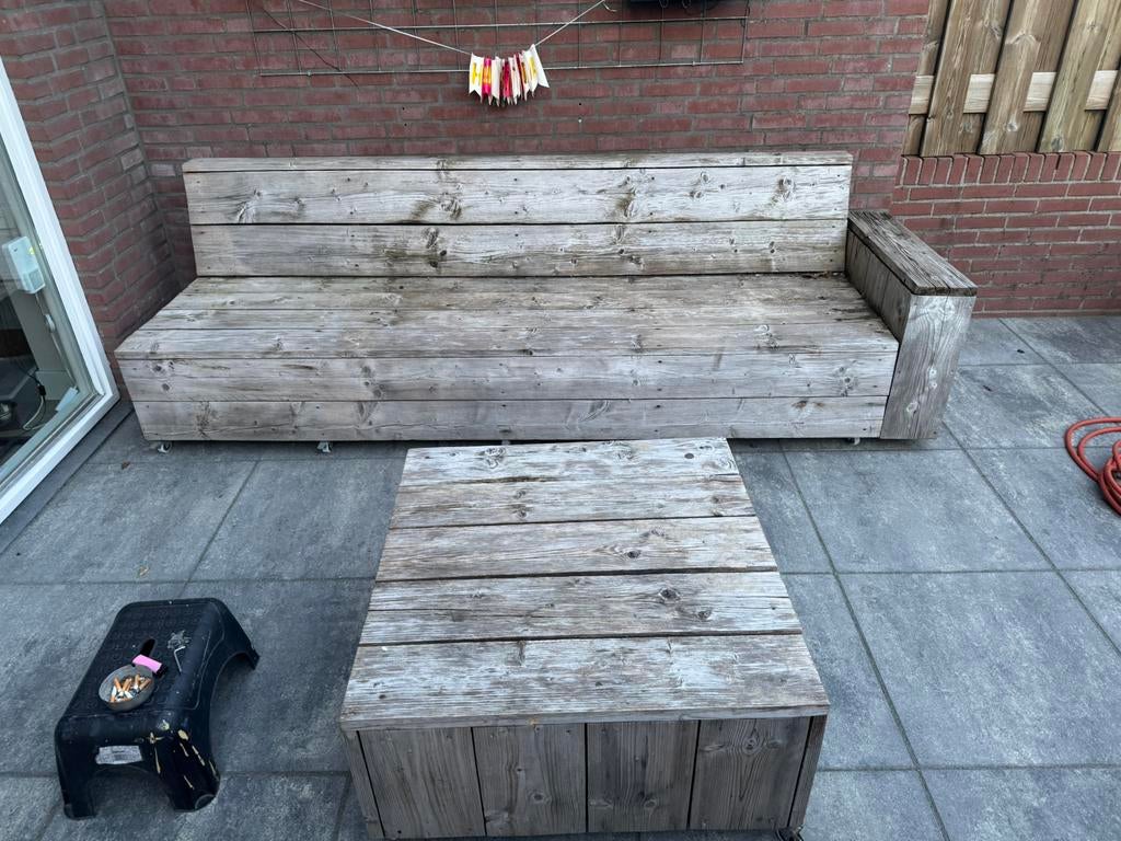 Steigerhout bank en tafel!, Tuin en Terras, Ophalen, Zo goed als nieuw, Steigerhout, Bank