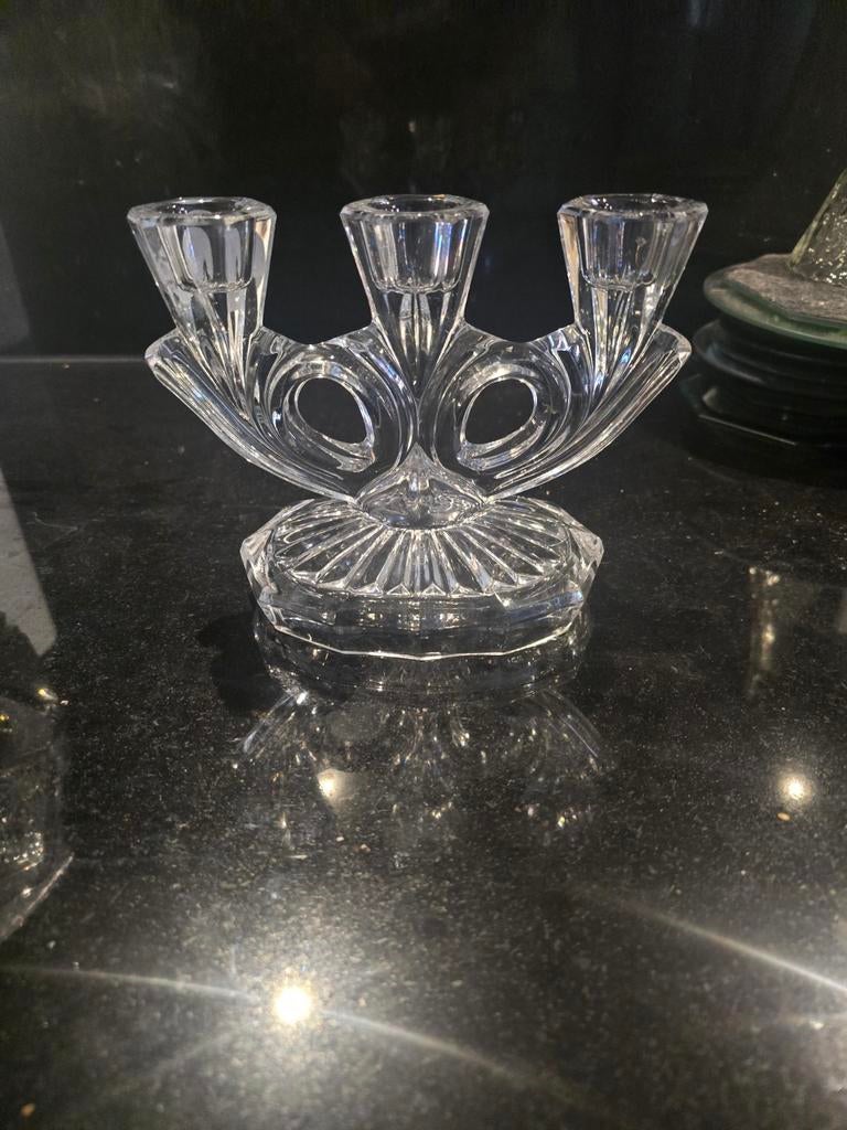 Vintage Imperlux driearmige kandelaar 24% loodkristal, Antiek en Kunst, Antiek | Kandelaars, Ophalen of Verzenden, Keramiek of Aardewerk