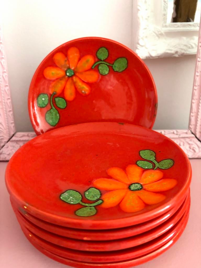 6 Vintage Oranje Gebaksschoteltjes met Bloemmotief, Ophalen