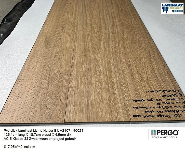 Pvc click Pergo Natuur Eik 40021 4,5mm €17,95p/m2, Huis en Inrichting, Stoffering | Vloerbedekking, Nieuw, Laminaat, Bruin, 75 m² of meer