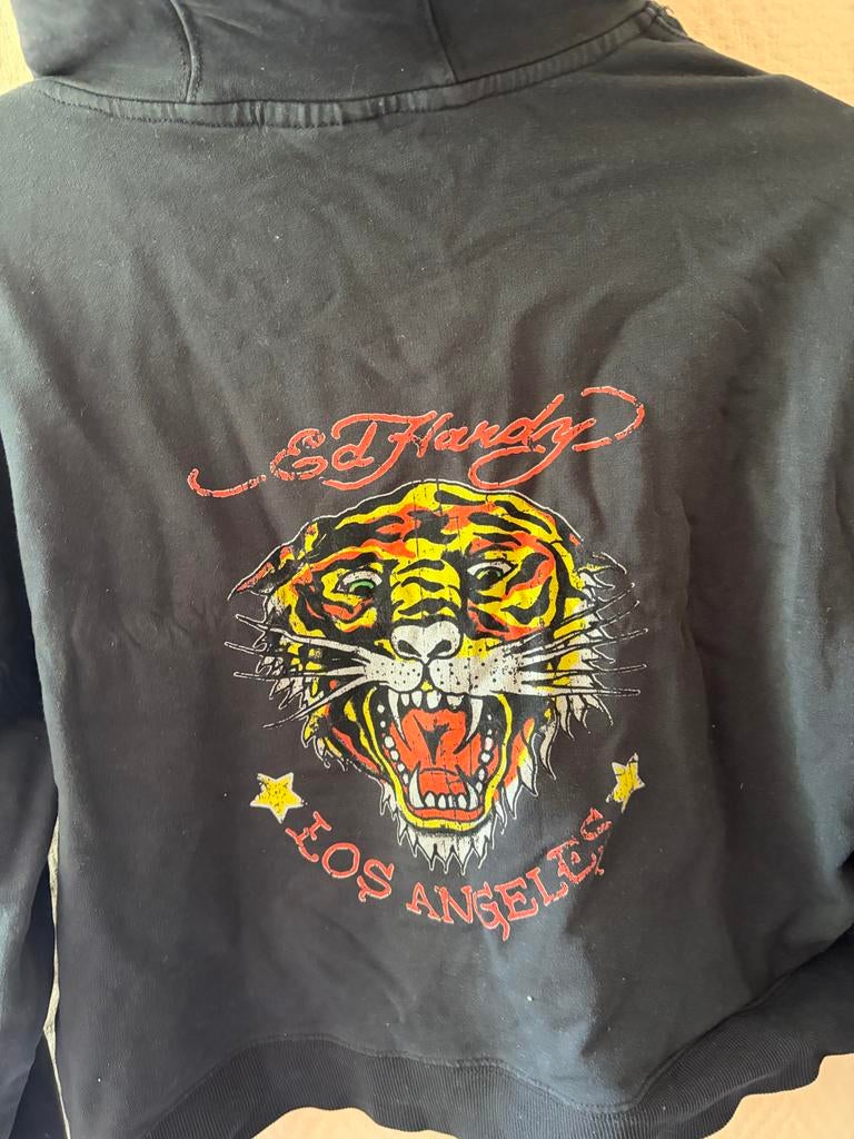 Ed Hardy Zwarte Cropped Hoodie met Tijgerprint - Maat S, Ophalen of Verzenden, Gedragen, Maat 36 (S), Zwart