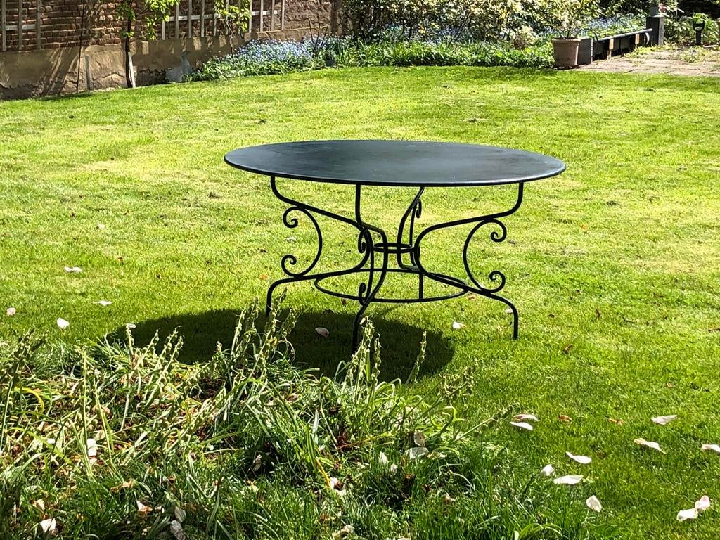 Grote ronde metalen tuintafel, grachtengroen, Tuin en Terras, Tuintafels, Ophalen, Gebruikt, Rond, Metaal