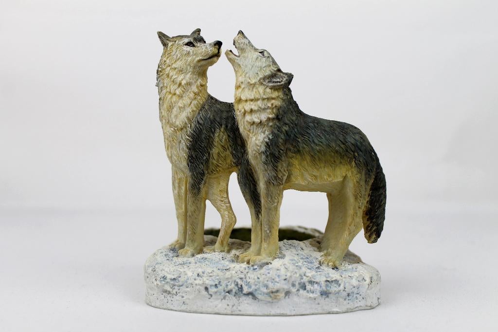 Wolvenpaar kaarsenhouder met kaars | Handgeschilderd resin, Overige materialen, Gebruikt, Ophalen of Verzenden, Grijs