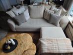 Bank Elsa met Hocker van Leenbakker - Beige Teddystof, 100 tot 125 cm, Driepersoons, Ophalen of Verzenden, Zo goed als nieuw