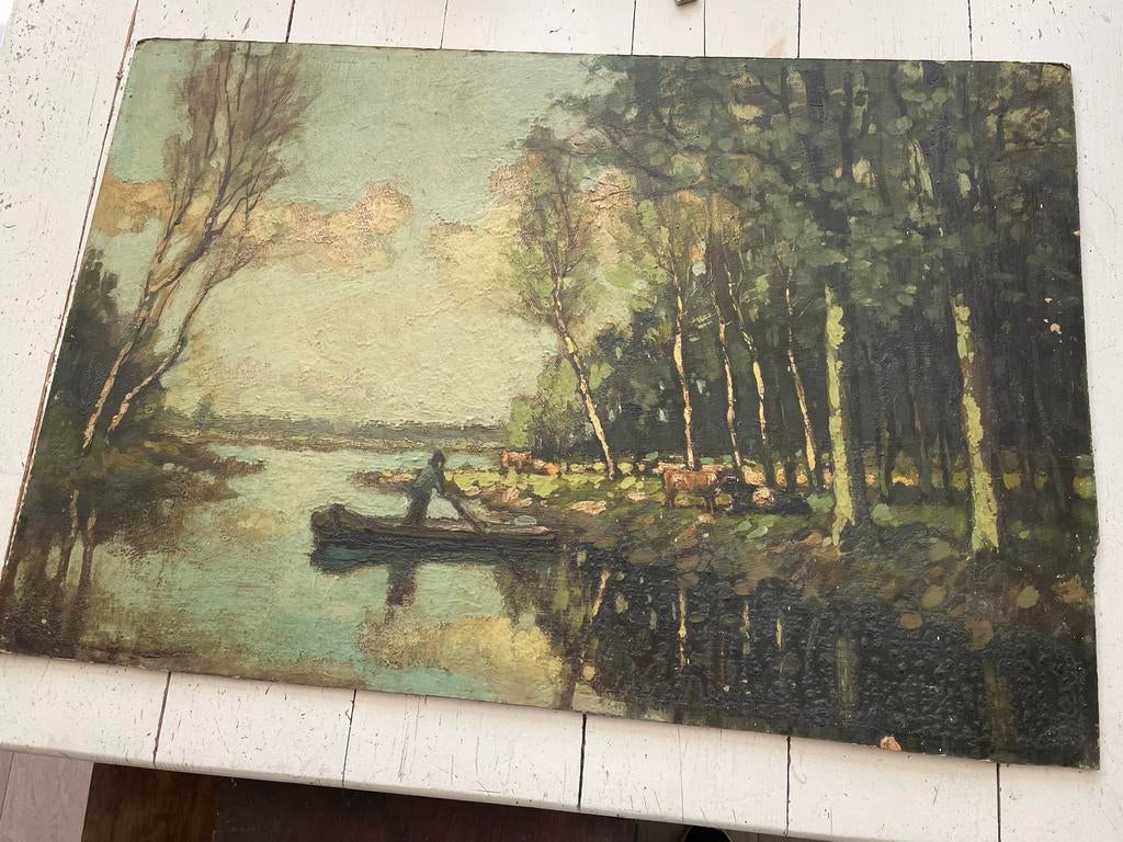 Oud Schilderij: Roeier op Rivier met Koeien, Antiek en Kunst, Ophalen