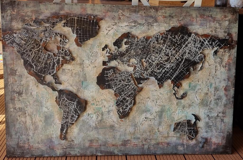 3D wereldkaart metaal 120x80, Ophalen, Rechthoekig, 50 tot 100 cm, Minder dan 50 cm