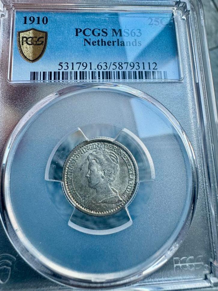 1910 Nederland 25 cent Koningin Wilhelmina PCGS MS63, Postzegels en Munten, Munten | Nederland, Losse munt, 25 cent, Koningin Wilhelmina