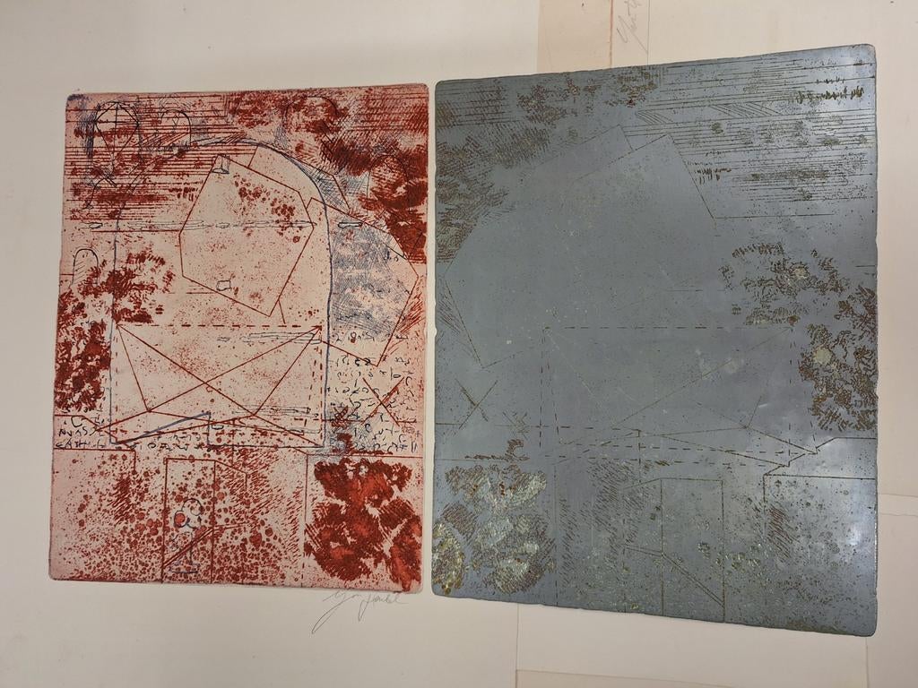 Ets met etsplaat - Abstracte compositie Jan henkel, Antiek en Kunst, Ophalen of Verzenden