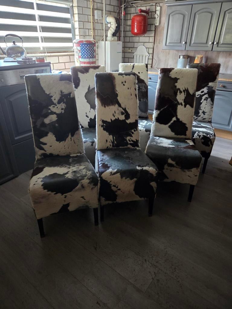 6 koeienhuid eetkamerstoelen, Huis en Inrichting, Stoelen, Ophalen, Gebruikt, Overige kleuren, Leer