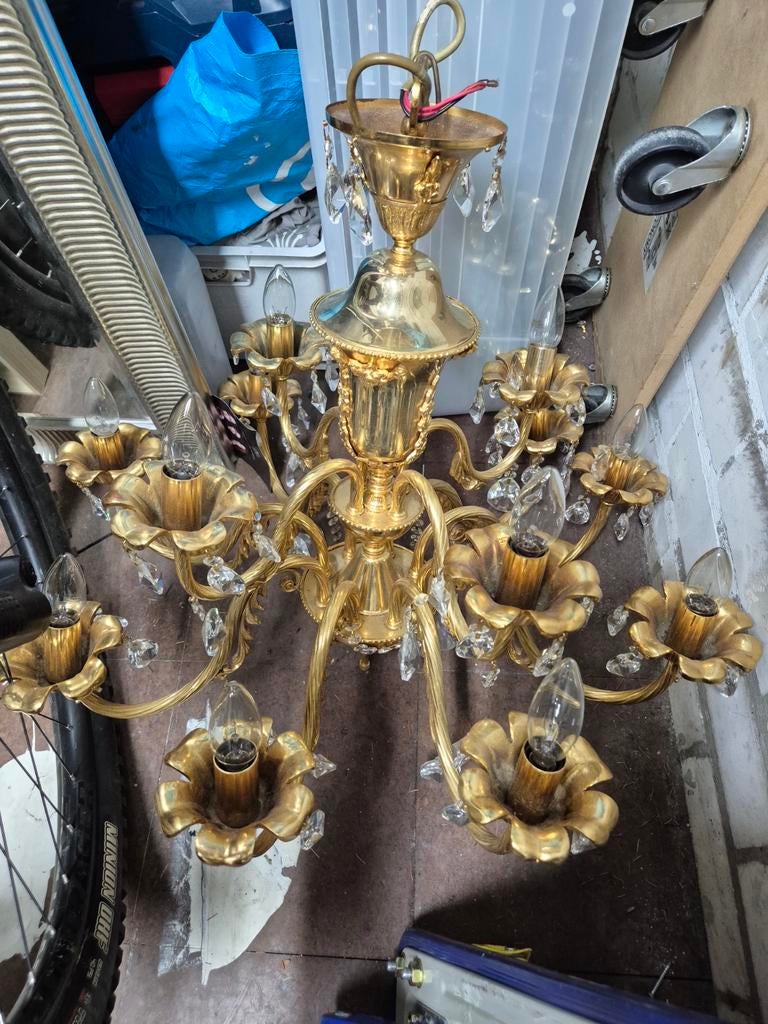 Grote Antieke Gouden Kroonluchter met Kristallen, Huis en Inrichting, Lampen | Kroonluchters, Ophalen of Verzenden, Gebruikt, Glas