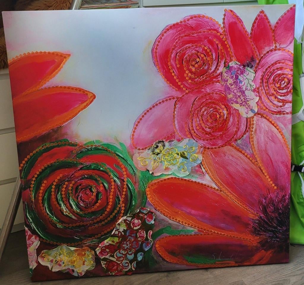 Schilderij canvas met borduursel Sabine Kleiren, Antiek en Kunst, Ophalen