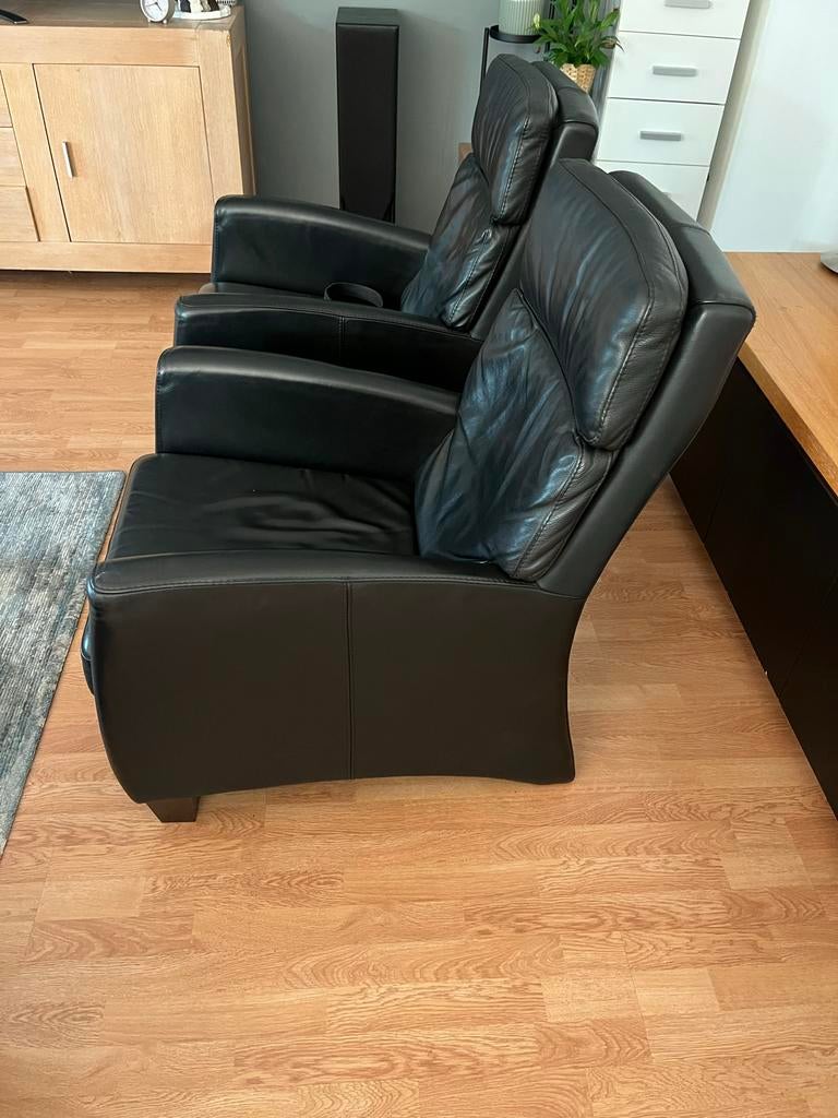 Zwarte leren fauteuils. Zie omschrijving, Huis en Inrichting, Fauteuils, Ophalen, Gebruikt, Leer, 75 tot 100 cm