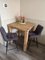 Teakhouten bartafel met 2 antraciete barstoelen, Ophalen, Gebruikt, 90 cm of meer, Hout