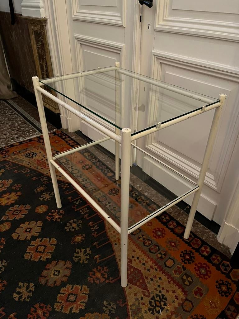 VINTAGE IJZEREN TAFEL MET GLAZEN BLAD NACHTTAFEL BADKAMER, Ophalen