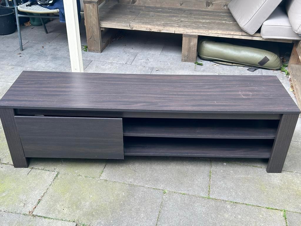 Donkerbruin tv-meubel met opbergvak en planken, Ophalen, Gebruikt, 150 tot 200 cm, Minder dan 100 cm