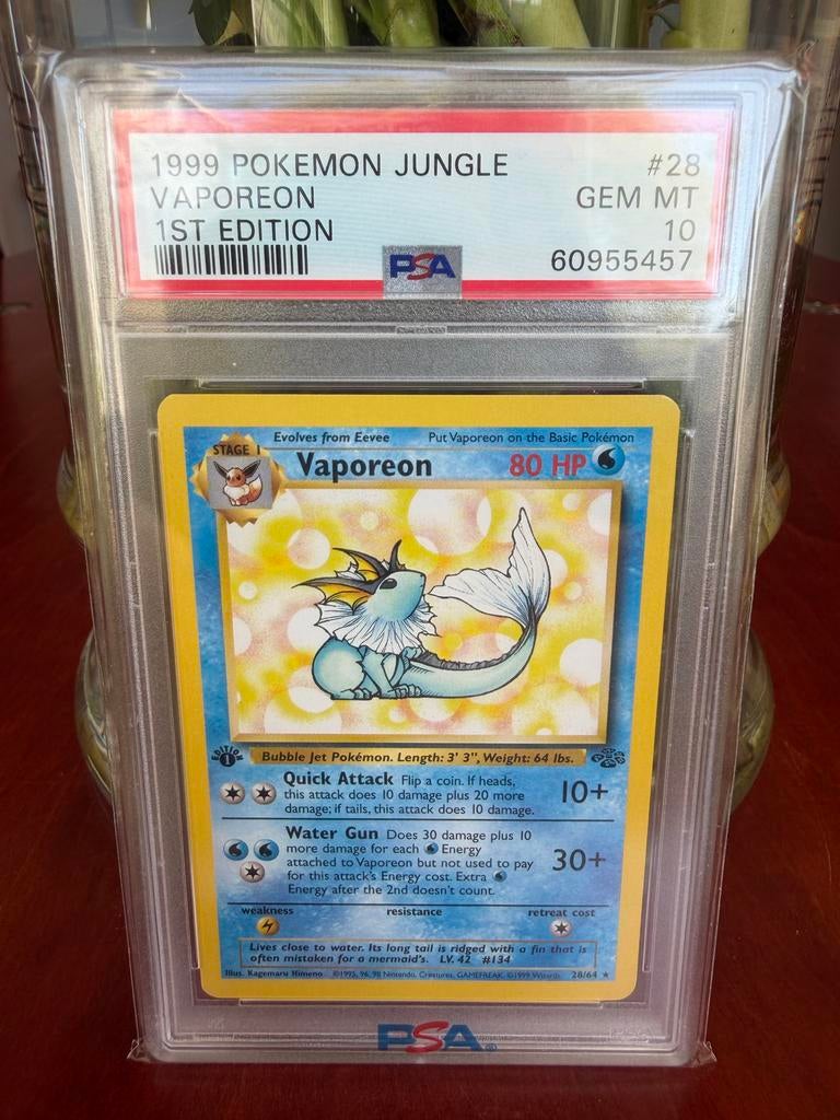 Pokémon Vaporeon 1st Edition PSA 10 GEM MT Jungle #28, Ophalen of Verzenden, Nieuw, Losse kaart