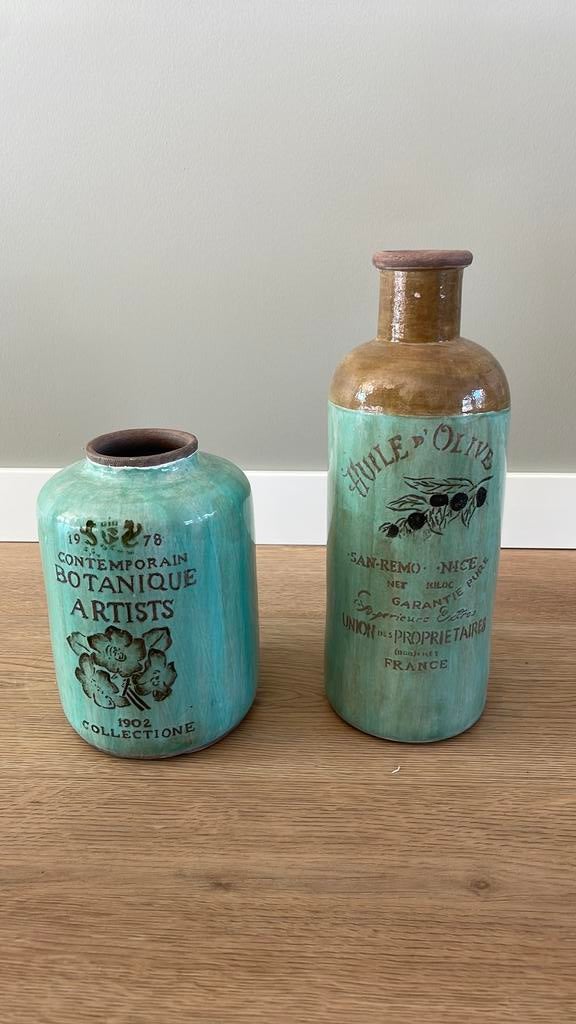 Set van een vaas en fles licht groen, Huis en Inrichting, Woonaccessoires | Vazen, Ophalen of Verzenden, Minder dan 50 cm, Groen