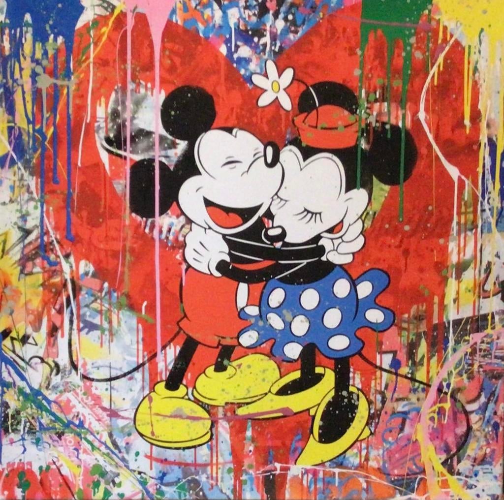 Mickey Mouse & Minnie Mouse- Mixed Media-Canvasdoek-70x70cm, Ophalen of Verzenden, Mickey Mouse, Nieuw, Beeldje of Figuurtje