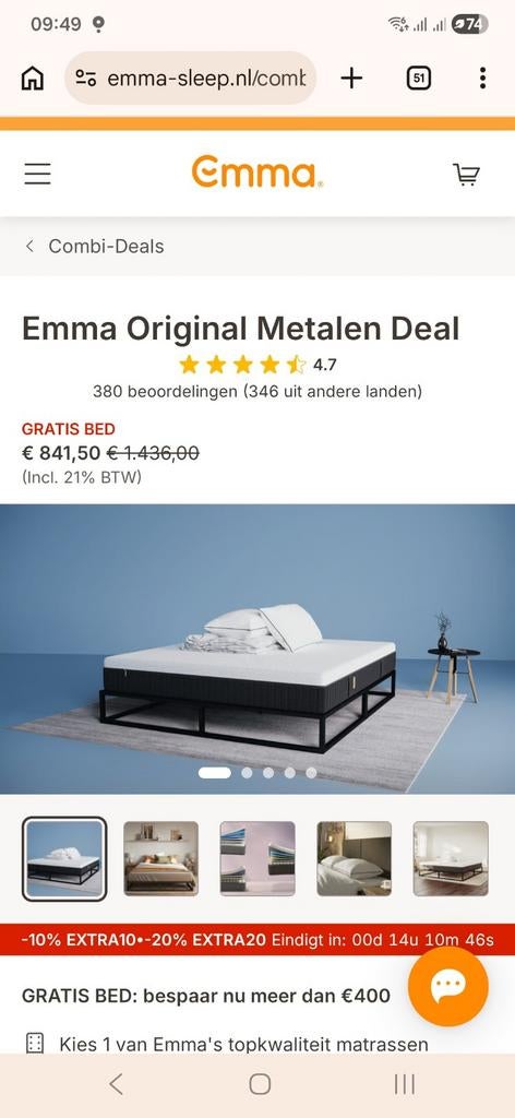 Emma bed incl. matras en lattenbodem 160 x 200 cm zwart meta, Ophalen, Zwart, 200 cm, Metaal