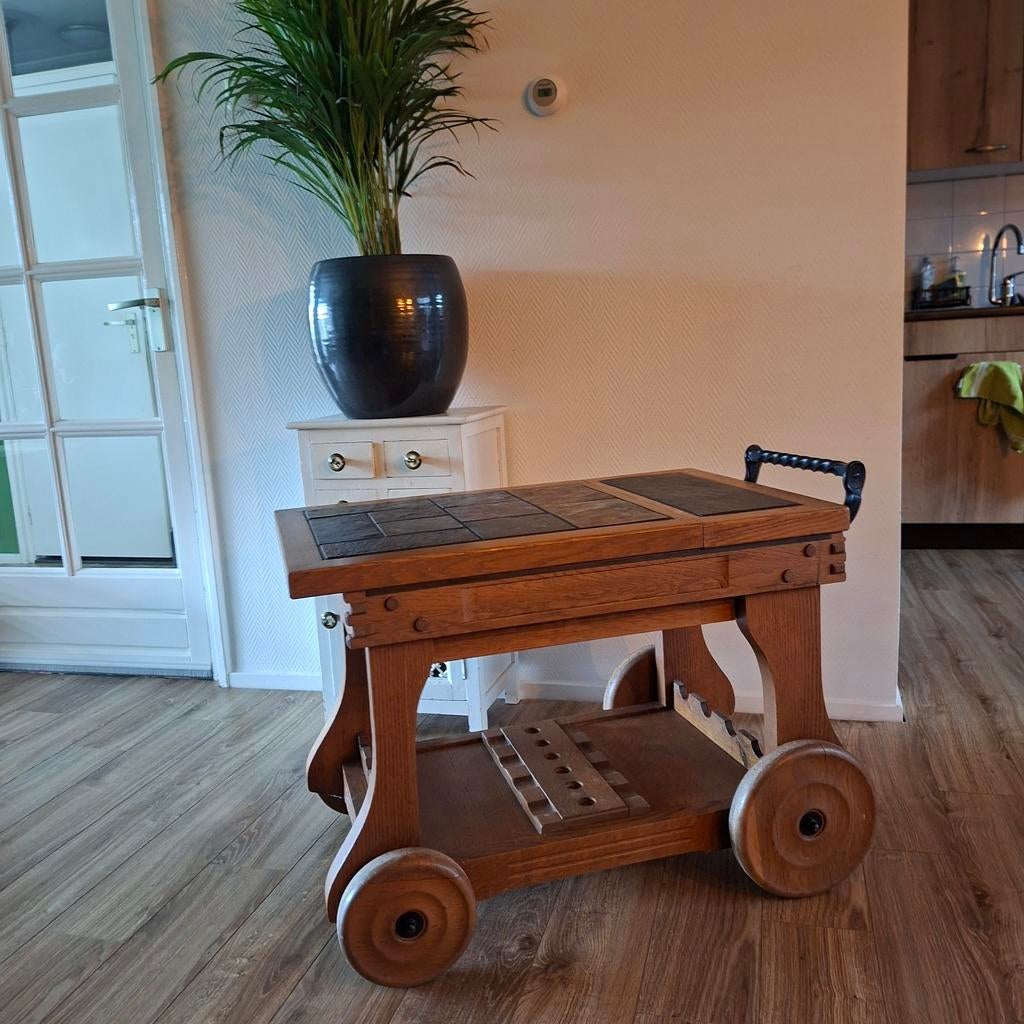 Vintage houten serveerwagen barbequewagen tafel, Ophalen, Minder dan 55 cm, Gebruikt, 60 cm of meer