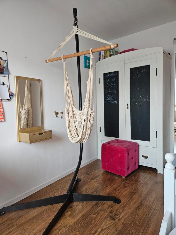 Hangstoel met ophangbeugel, Huis en Inrichting, Stoelen, Gebruikt, Eén, Metaal, Stof, Wit, Ophalen of Verzenden