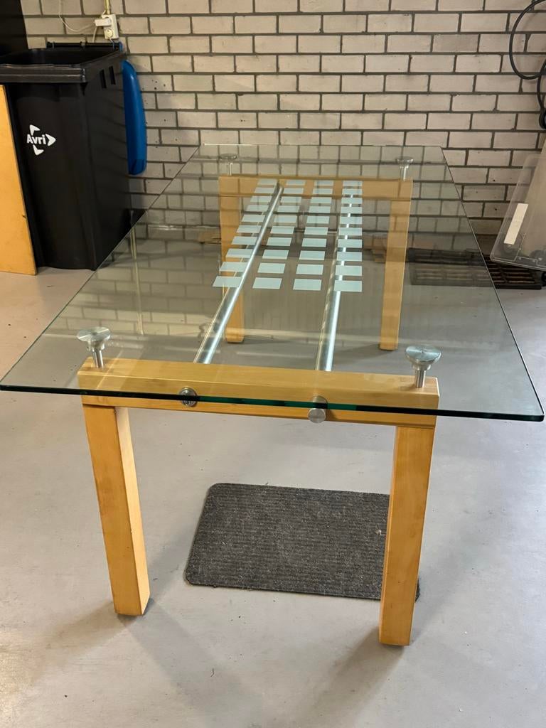 Tafel/bureau met glazen blad en blokkenmotief, Ophalen, 50 tot 100 cm, Zo goed als nieuw, Rechthoekig
