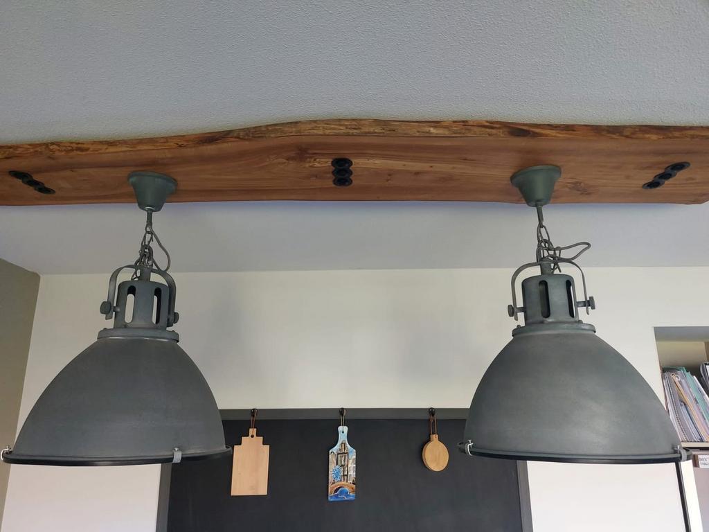 Grijze Industriële Hanglampen - Set van 2, Huis en Inrichting, Lampen | Hanglampen, Ophalen, 50 tot 75 cm, Zo goed als nieuw, Metaal