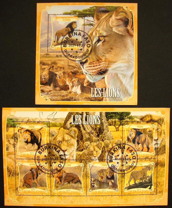 - 780 - 2 Blokken met veel Leeuwen., Postzegels en Munten, Postzegels | Thematische zegels, Gestempeld, Dier of Natuur, Verzenden