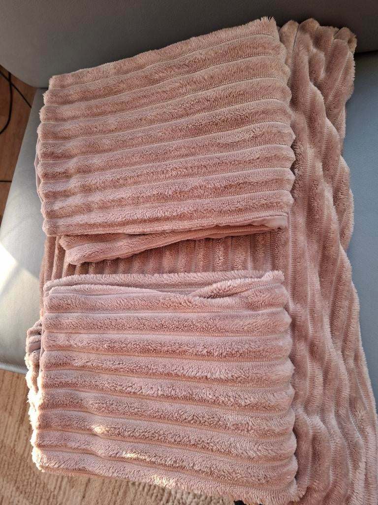 2 Persoons Teddy /Fluffy dekbedovertrek 200x200 cm taupe rib, Ophalen, Zo goed als nieuw, Wit, Vierkant