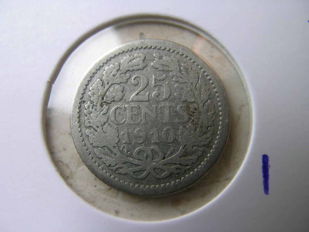 Kwartje 1910, Ophalen of Verzenden, Koningin Wilhelmina, 25 cent, Losse munt