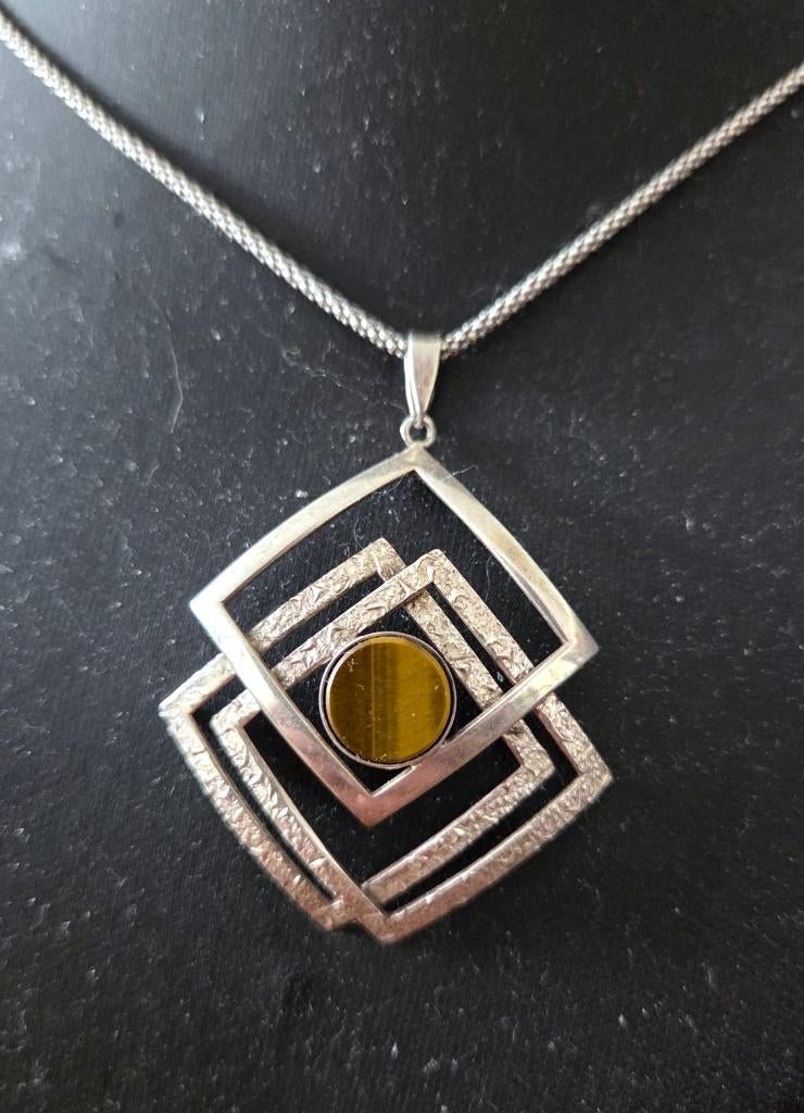 Zilveren 800 hanger TIJGEROOG + zilveren 925 POPCORN KETTING, Ophalen, Zo goed als nieuw, Met edelsteen, Zilver