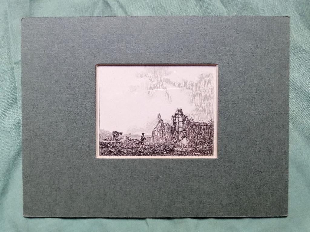 Antieke kopergravure naar Albert Cuyp, 1800 - 1899, Ophalen of Verzenden, Landschap, Met passe-partout