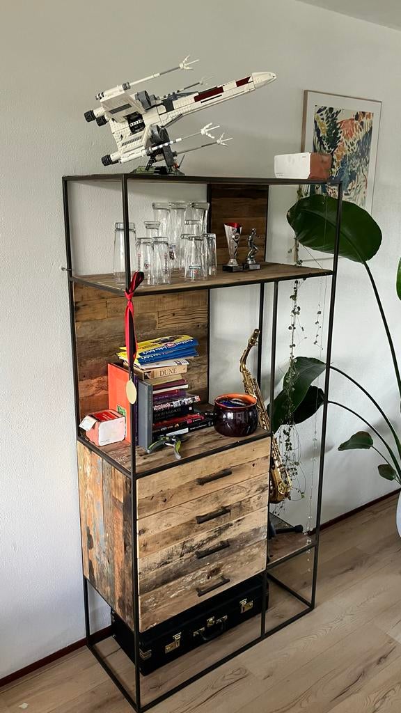 Industriële Teak Houten Kast met Lades en Open Vakken, Ophalen, Zo goed als nieuw